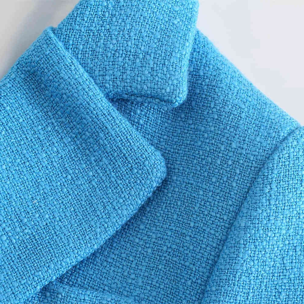 Fashion Women Blue Tweed Blazer Jacket Spring Double Breasted Female Autumn Coat Chic Pockets Office Lady Elegant Top 210521