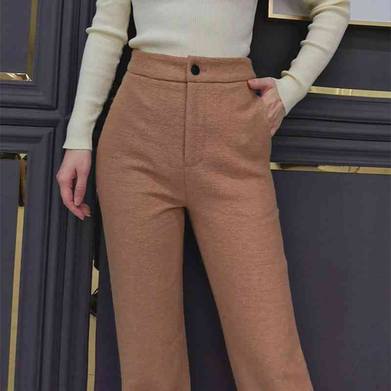TWOTWINSTYLE Straight Tweed Thick Pants For Women High Waist Solid Minimalist Casual Trouser Female Autumn Clothing Fashion 210517