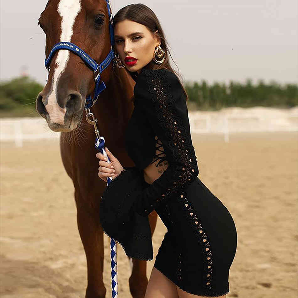 Summer White Lace Long Sleeve Bandage Dress For Women Sexy Hollow Out Mini Celebrity Evening Club Party Dresses 210423