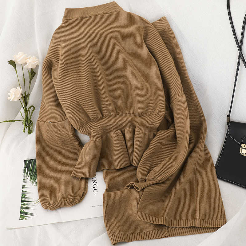 Ly Varey Lin Women Knitted Suits Autumn Winter Batwing Sleeve 2 Pieces Set Office Lady Elegant Jumper + Pencil Skirt Suit 210526
