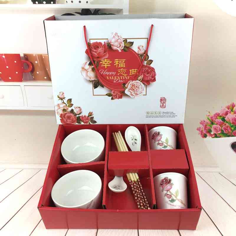 New box set ceramic gift daily tableware 2 cups, 2 bowls and 2 spoons chopsticks