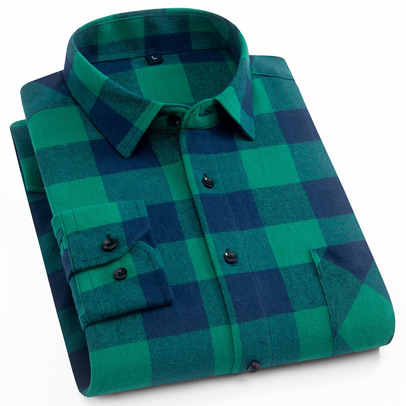 Aoliwen Men's Flannel Cotton Long Sleeve Plaid Shirt 19colors 100%cotton good quality button down casual shirt for men slim fit 210410