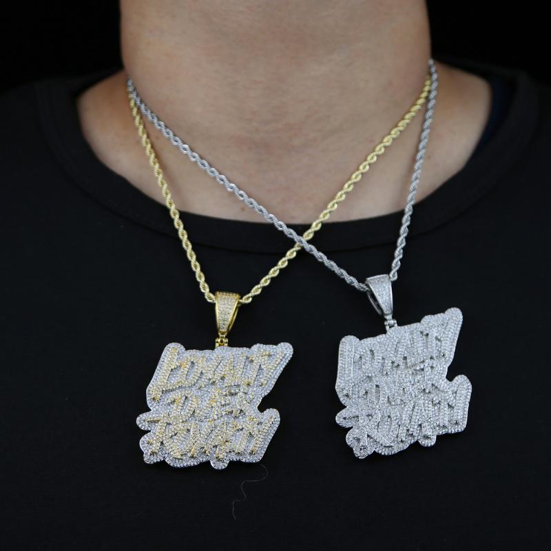 Chains Two Tone Color Iced Out Loyalty Over Royalty Letter Pendant Necklace Hip Hop Bling Cubic Zirconia Letters Charm Men Jewelry