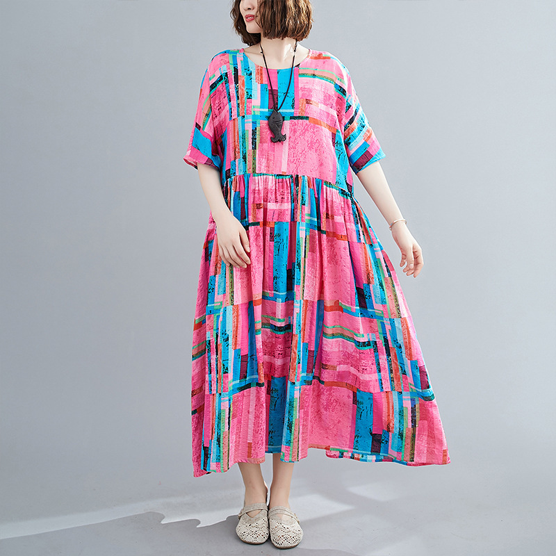 Johnature Vintage Print Geometric Summer Dresses Casual Half Sleeve Plus Size O-Neck Loose Women Ankle-length Dresses 210521, Rose red
Johnature Vintage Print Geometric Summer Dresses Casual Half Sleeve Plus Size O-Neck Loose Women Ankle-length Dresses 210521, Rose red