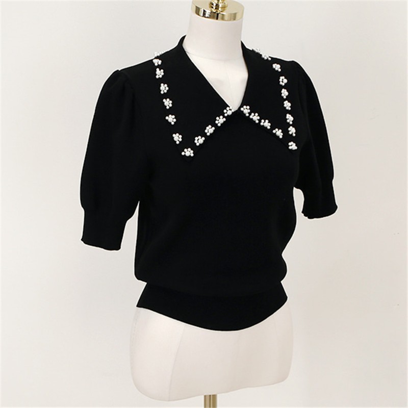 Pearl Beading Knitted T Shirt Tops Women Summer Short Sleeve Turn-down Collar Pullover Solid Slim Korean Fashion Female T-shirt 210514