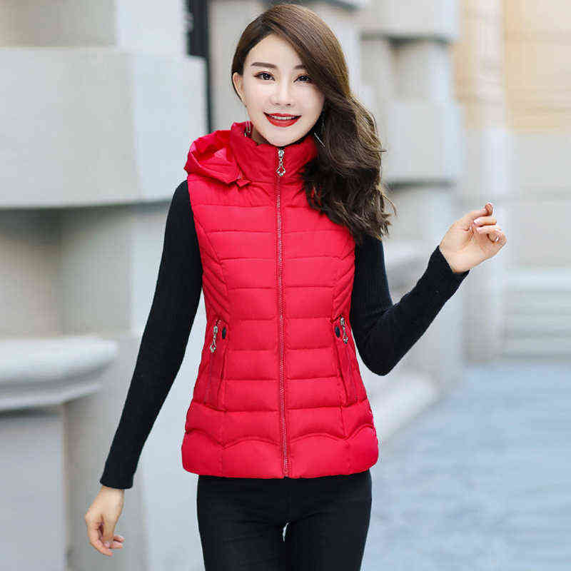 Slim Autumn Winter Vests Women Hooded Waistcoat Short Casual Cotton Padded Sleeveless Vest Jacket Solid Female Zipper 211120