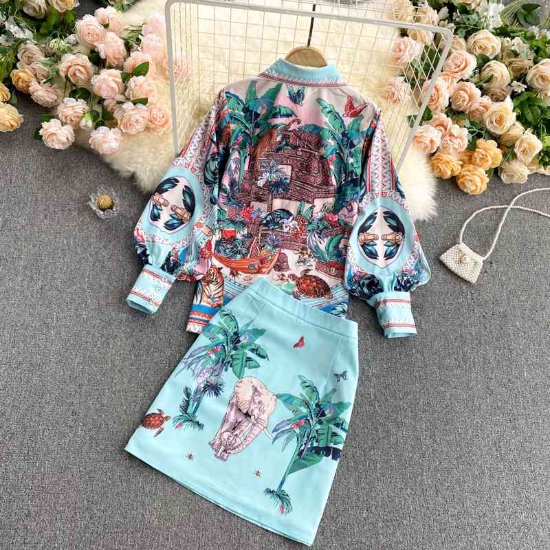 Spring Lapel Puff Sleeve Shirt + High Waist Slim Skirt Retro Print Set 210708