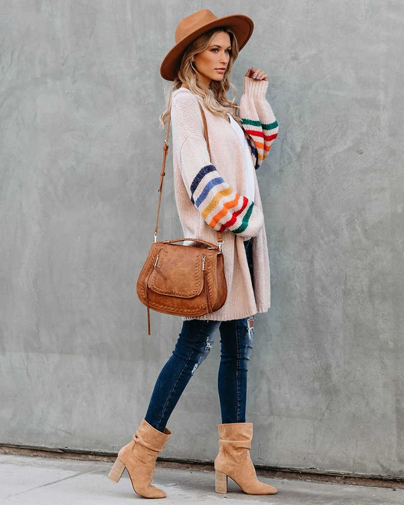 Fitshinling Rainbow Striped Boho Cardigan Winter Long Coat Female Knitwear Pink Slim Sweaters Cardigans For Women Clothes 210812