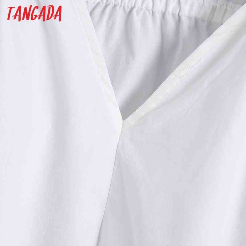 Women Fashion Pleated Crop White Blouses Vintage V Neck Three Quarter Sleeve Female Shirts Chic Tops BE518 210416