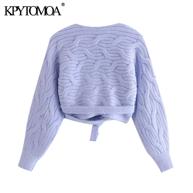 Women Fashion With Bow Tied Cropped Wrap Cable-knit Cardigan Sweater Long Sleeve Female Outerwear Chic Top 210420