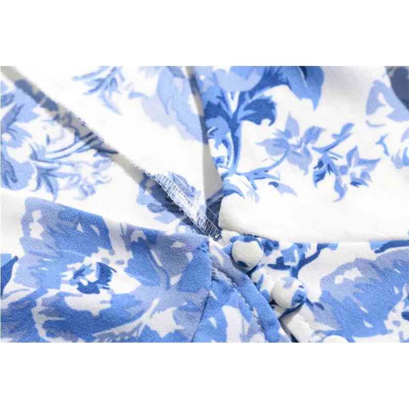Retro Long Puff Sleeve Blue white Floral Print Shirt Women Single-breasted buttons Slim Waist Short Blouse Girl's Tops 210429