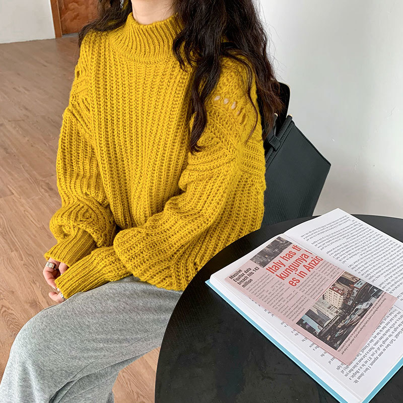 Autumn Winter OL Outwear Tops Vintage Twist Lantern Sleeve Sweater Women Elegant Loose Knitted Sweaters Female 210421