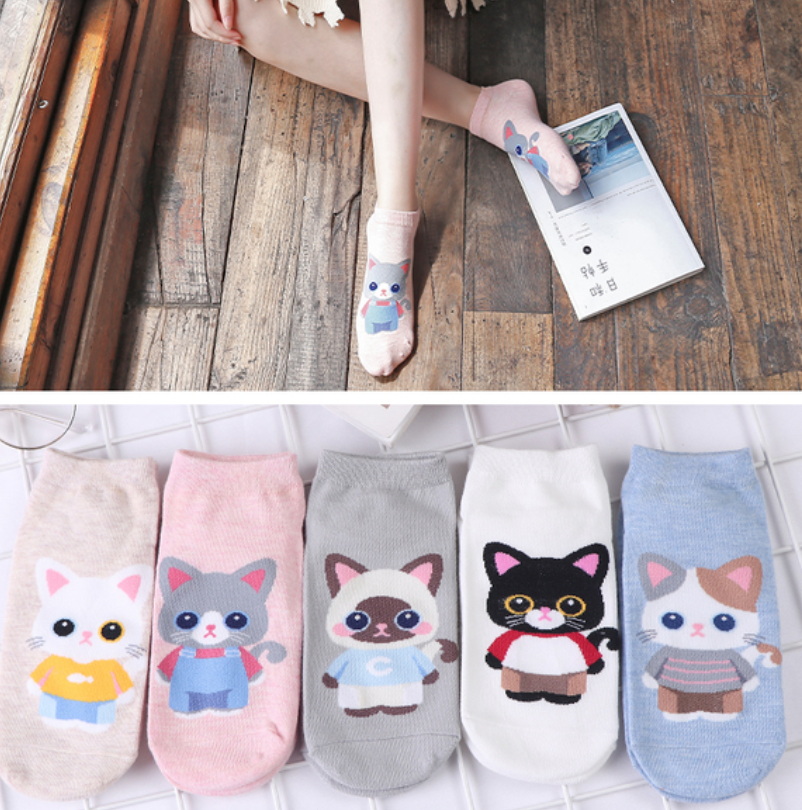 5Pairs/Lot Cheap Fashion Women Socks Funny Cotton Color Cartoon Duck Cat Bear Avocado Cute Happy Casual Soft Girls Short Socks
