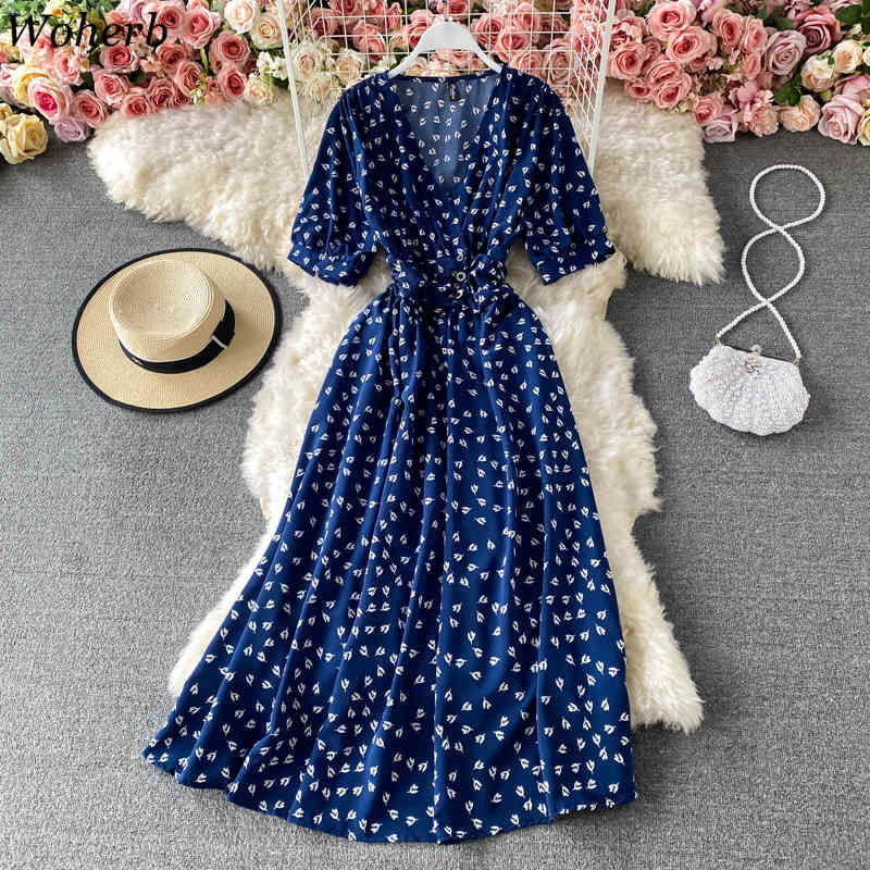 A-line V-neck Slim Waist Dress Women Elegant Sweet Floral Print Spring Summer Korean Maix Vestidos Chic Robe 210519