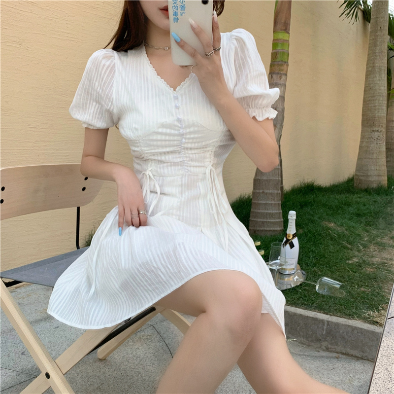 Summer Elegant Mini Dress Woman Korean Party Beach Female Puff Sieeve Office Lady V-Neck A-Line 210519