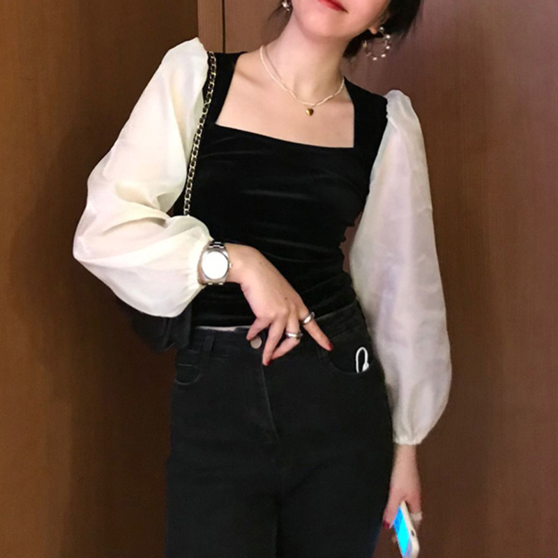 Nomikuma Korean Velour Women Shirt Puff Long Sleeve Hit Color Patchwork Square Collar Blusas Spring Slim Blouses New 6E377 210427