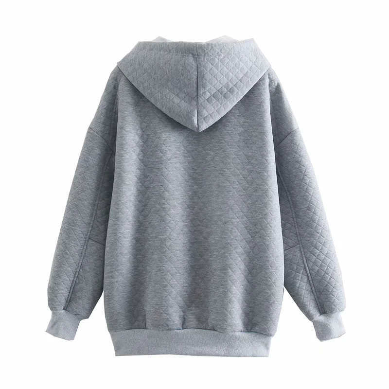Sweatshirt Women's Diamond-Check Top Cotton Bag Open Hoodie With Lantern Sleeves 210628