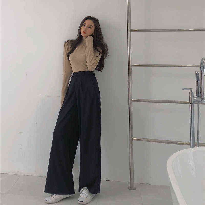 Women Loose Summer Pants Soft Ice Silk Ankle-Length Black Wide Leg Grey Khaki High Waisted Trousers stacked pants 211124