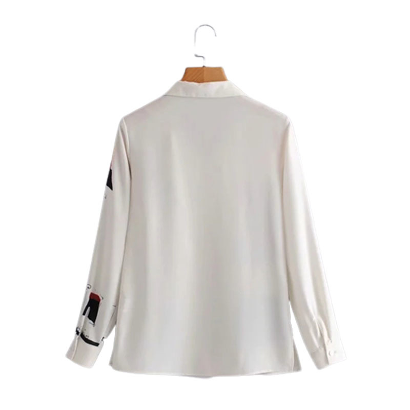 Women Vintage Printing White Chiffon Shirt Long Sleeve Spring Chic Female Loose Shirt Commute Top 210520