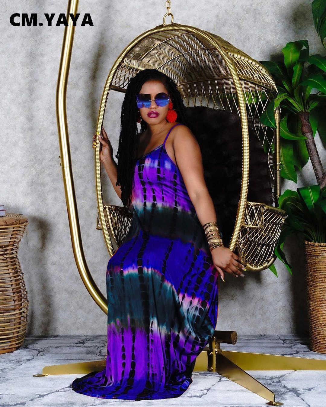 CM.YAYA Women Tie Dye Print Maxi Beach Dress Sleevless Spaghetti Slim with Pocket Vintage Long Dresses Summer Vestidos 5 Colors 210630