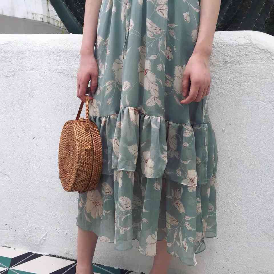 summer dress floral print spaghetii straps ruffles young style sweet beach green long 210421