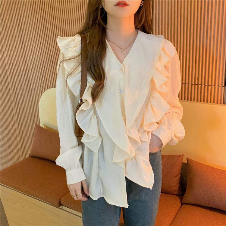 Nomikuma V-neck Ruffle Patchwork Blouse Tops Causal Long Sleeve Women Shirts Spring New Sweet Blusas Feminimos 6E067 210427