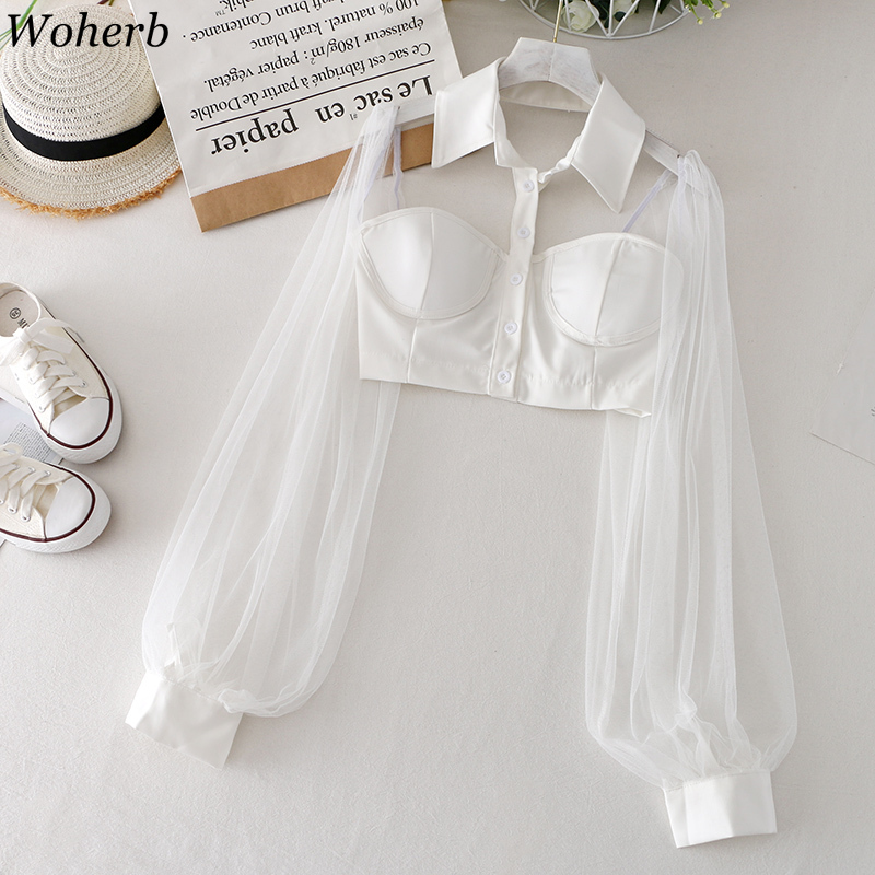 Sexy Lady Chic Women Blouses Halter Backless Shirts Blusas Mujer De Moda Gauze Patchwork Lantern Sleeve Blouse Crop Tops 210519