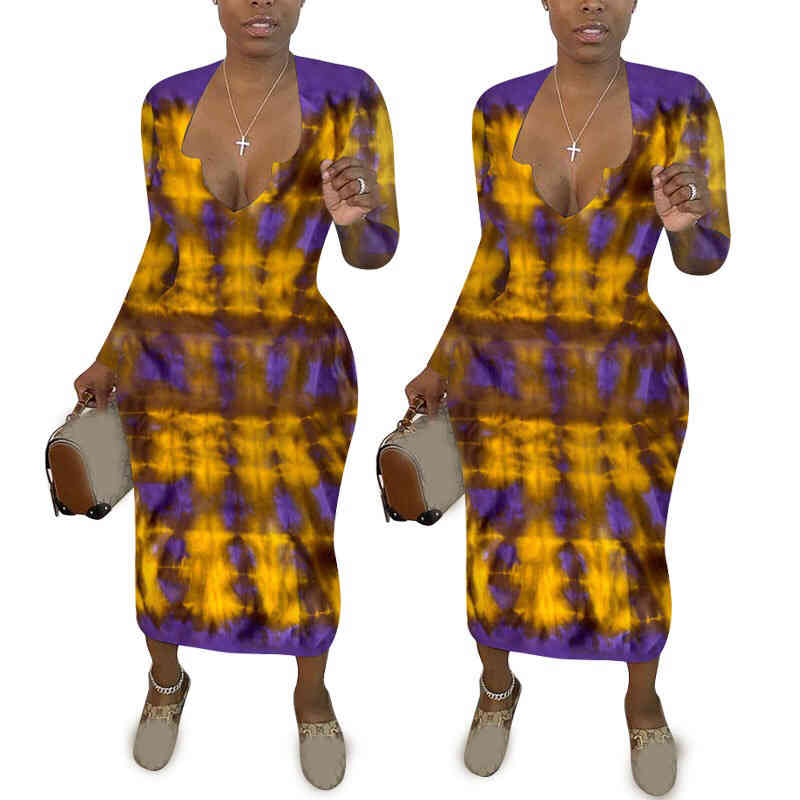 Women Sexy Long Dress Sleeve Deep v Neck Mid Calf Print High Waist Bodycon Elegant For Evening Party Night Club Wear 210510