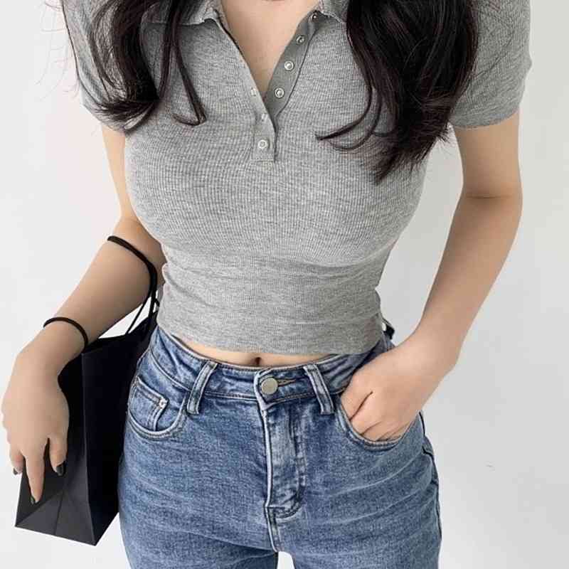 Women Summer Polo Shirts Office Ladies Short Sleeve Solid Turn Down Collar Button Elastic Top Female 100% Cotton Bottoming Shirt 210514