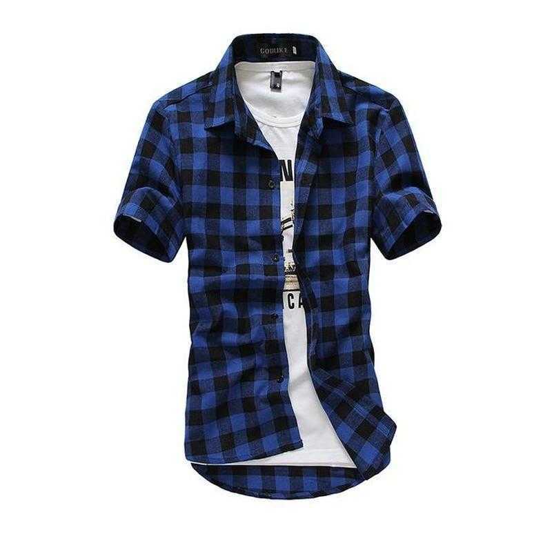 Mens Check Shirt Flannel Brushed Cotton Short Sleeves Casual Slim Fit Top Plus Size 210701
