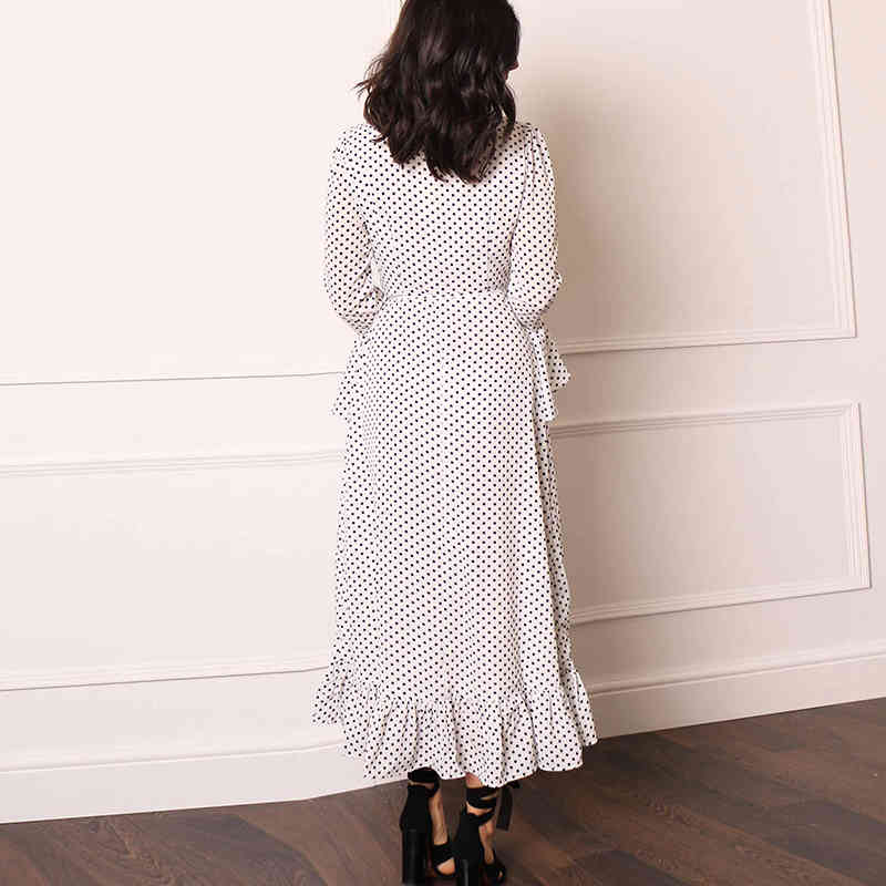Women Chic Polka Dot Long Dress Female Ruffles Split Party es Ladies V Neck Flare Sleeve Casual Maxi 210508
