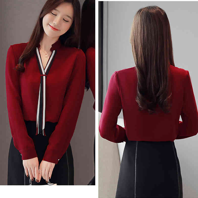 Fashion Stand Collar Pullover Blouse Women Tops Chiffon Office Lady Long Sleeve White Red Women's Shirt Blusas Mujer 6469 50 210506