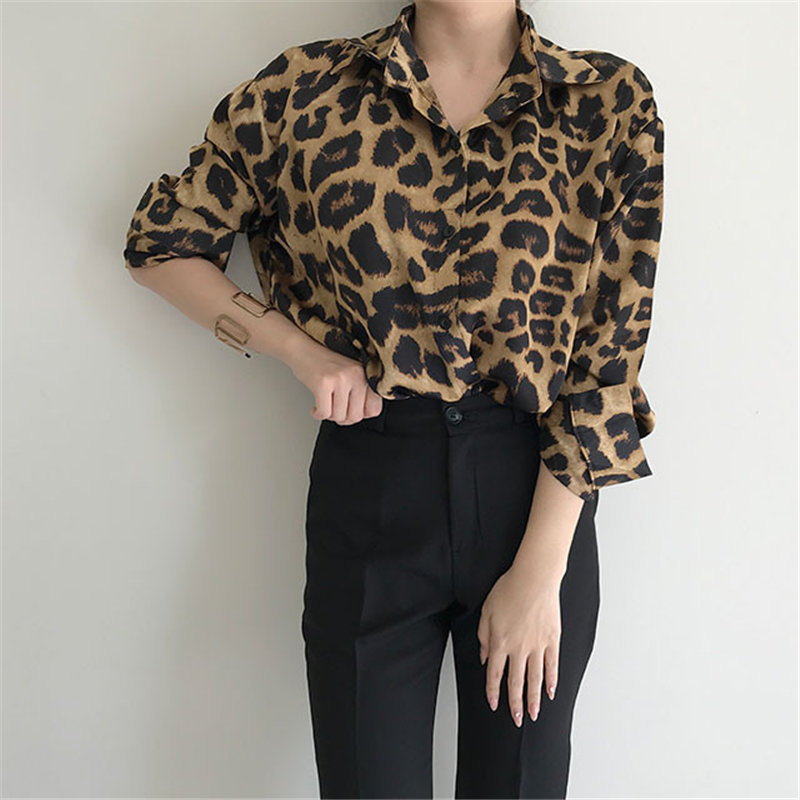 Fashion Loose Plus Size Leopard All Match Women Retro Sexy Vintage Femme Shirts Casual Animal Printed Tops 210421
