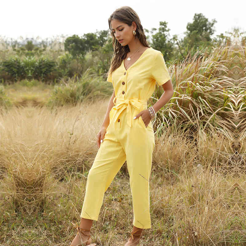 Spring Summer Fashion Short Sleeve Jumpsuits Women Cotton Solid Ankle-length Pants Single Breasted Streetwear Jumpsuits New 210413