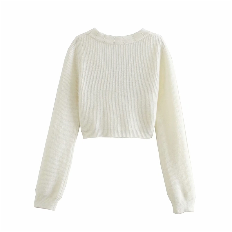 Elegant Women Pearl Sweater Coats Fashion Ladies V-Neck Knitted Tops Sweet Female Chic Solid Short Cardigans 210430