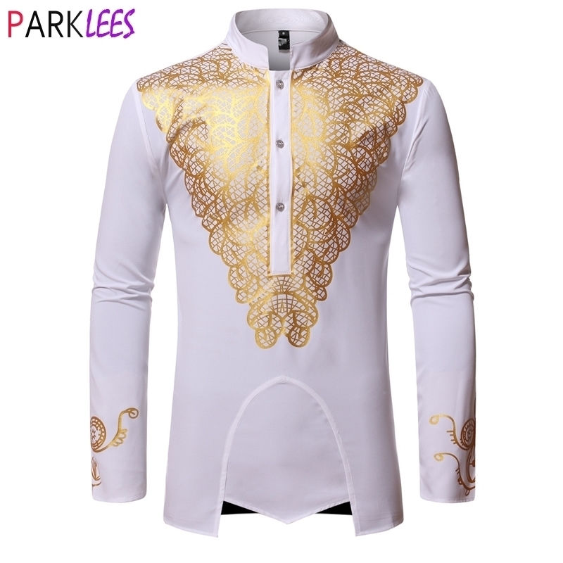 

Luxury Metallic Gold Print African Man Clothing Agbada Kaftan Attire White Wedding Mens Dress Shirts Nehru Collar Dashiki Shirt 210522