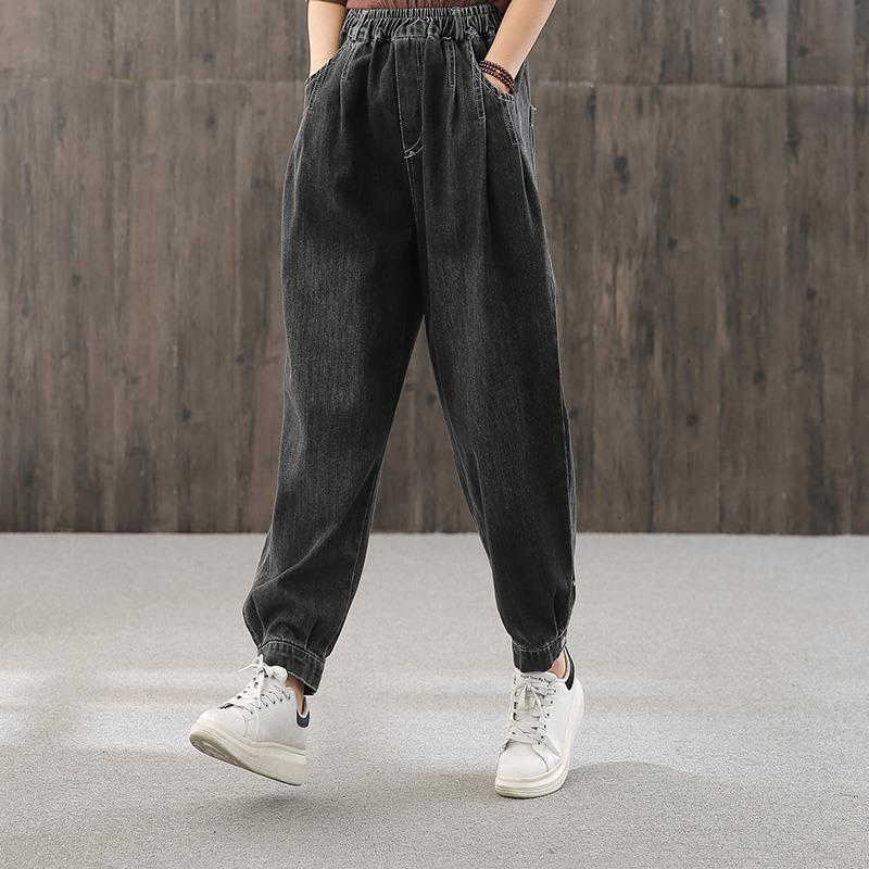Casual Elastic High Waist Womens Denim Ankle Banded Pants Vintage Baggy Mom Harem Jeans Streetwear Spring Trousers Female 210809