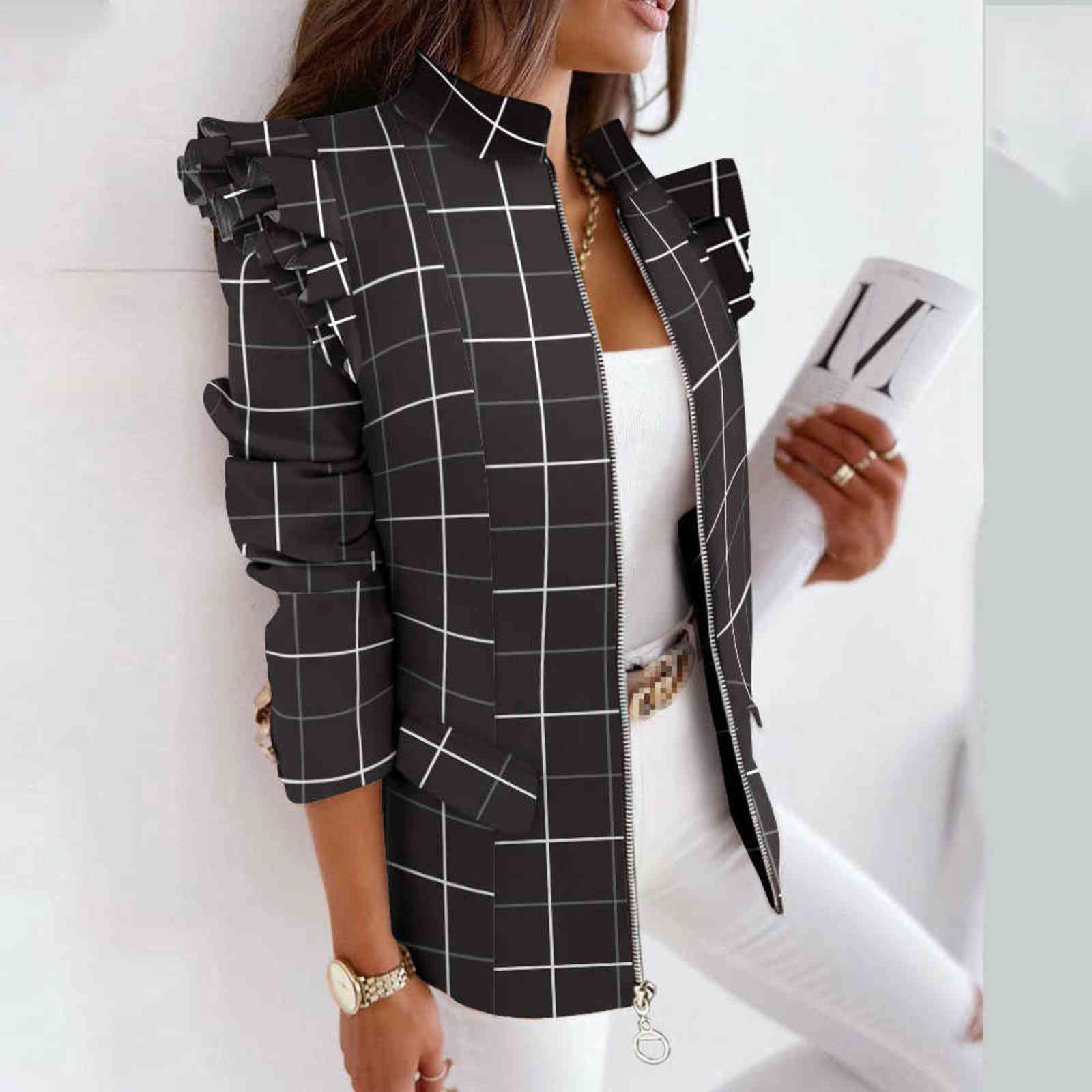 Plaid Blazer Jacket Women Spring Autumn Long Sleeve Casual Slim Thin Blazers Khaki Woman Coats Elegant Office Suit Coat 211104