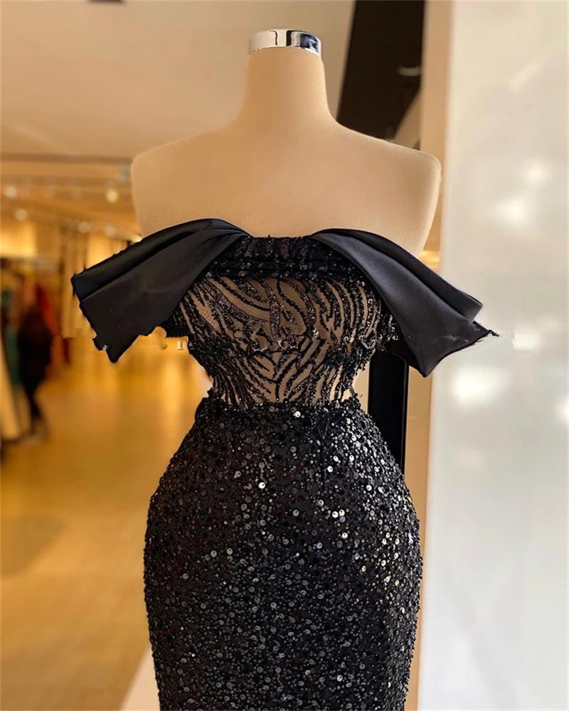 Style Black Ebi Aso Sequins Mermaid Prom Dresses 2022 Off Shoulder Plus Size See Through Top Sexy Evening Ocn Gowns Vestidos De Novia