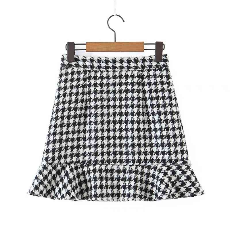 Sexy Tweed Open Buttons Package Hips Check Plaid Mini Short Trumpet Skirt Mermaid Black White Contrast color Autumn Winter 210429