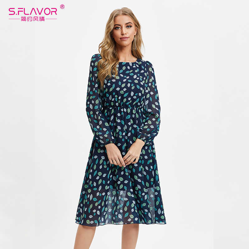 S.FLAVOR Vintage Leaves Print Bohemian Sundress Women Boho Chiffon Long Sleeve A Line Dress O Neck Summer Beach Vestidos 210630