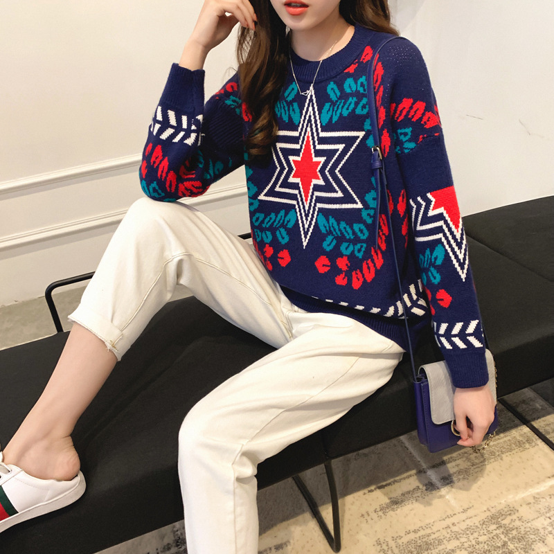 Girl Long Sleeve Round Neck Plus Size Sweater Women Pentagram Frill Stitching Knitted Coat Female Students 210427