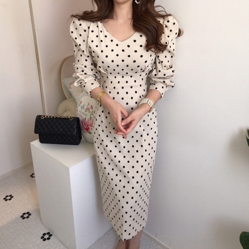 French Style Spring Autumn Women Polka Dot Print Casual Fashion Corduroy Dresses Eleagnt Laceup Slim Party Dress 12091 210417