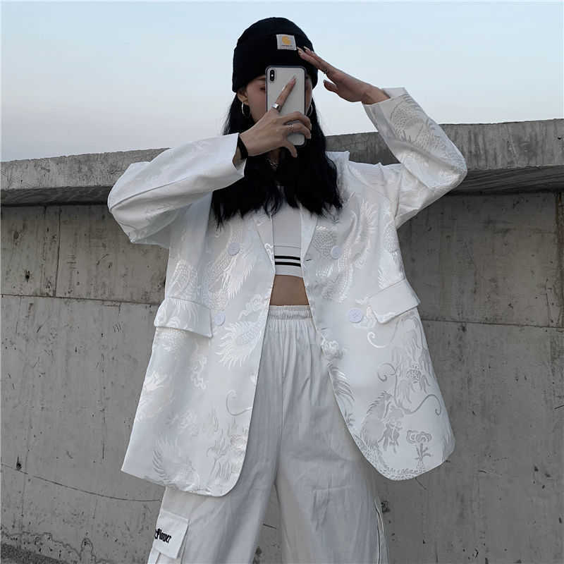 Gothic Vintage Women Jacket Long Sleeve Retro Silky Satin Blazer For Female Fashion Chinese Dragon Print White Outwears 210930