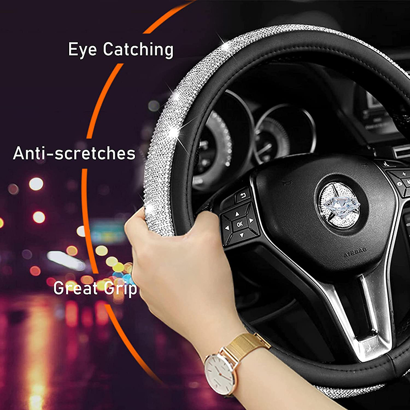 Universal Car Bling Steering Wheels Cover Kits 15Inch Crystal Diamond Covers For Auto Leather Steering Wheel Case Seat Belt Cover/Diamonds Ring Emblem