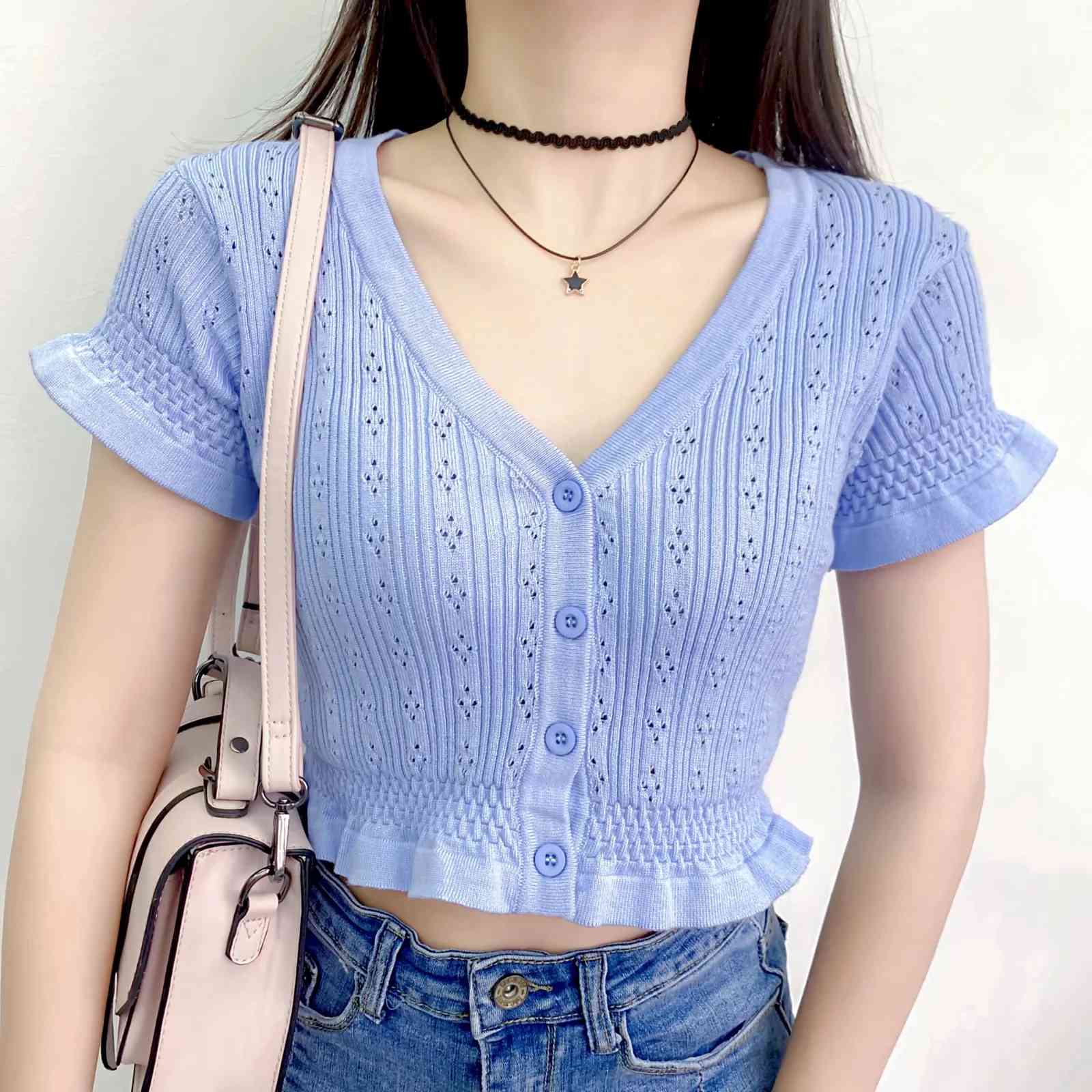 Summer ruffle pink cardigan women crop sweater korean fashion clothing Sexy button knitted 210521