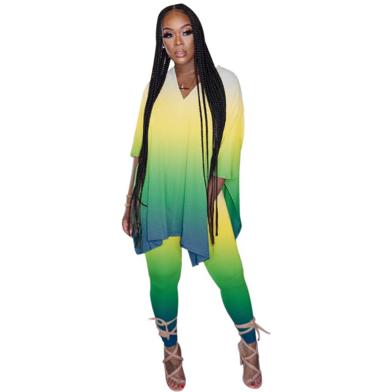 Summer Autumn Women Outfits S--5XL Gradient Half Sleeves Long T Shirt With Split + Leggings Two Pieces Party Sports Sets Women's Tracksuits