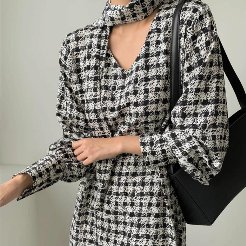 Minimalist Autumn Dress Women Vintage Classic Black and White Print Elegant OL Work Wear Long Dresses Vestidos 210421