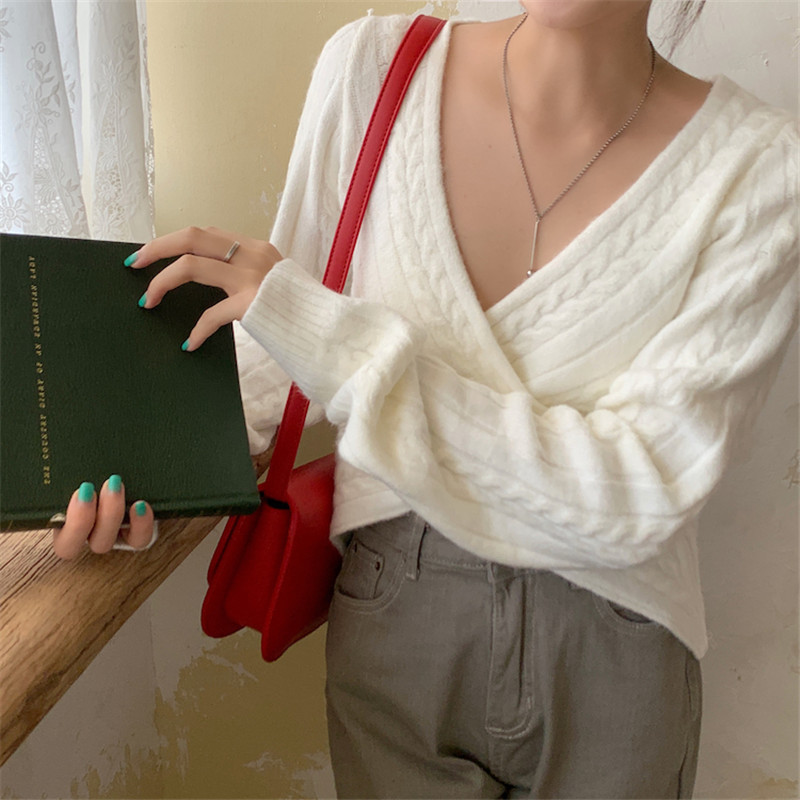 Autumn Winter Sweater Office Lady Work Pullover Solid Sexy V-Neck Long Sleeve Knitted Sweaters Women's Crop Tops 210421