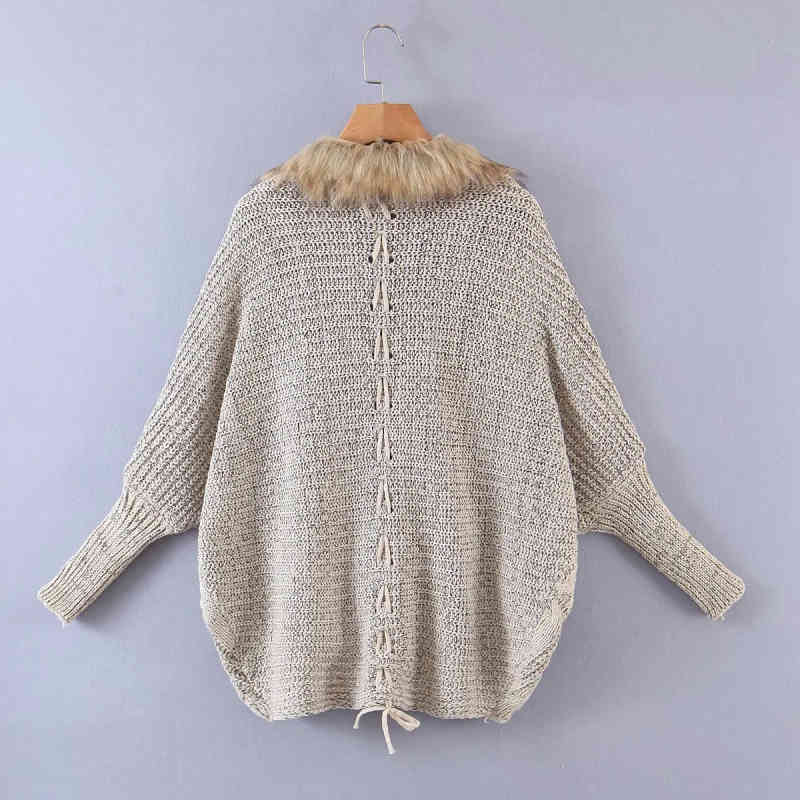 Vintage Women Faux Fur Cardigan Autumn Fashion Ladies Loose Beige Knitwear Casual Female Bat Sleeve Sweaters Girls 210515